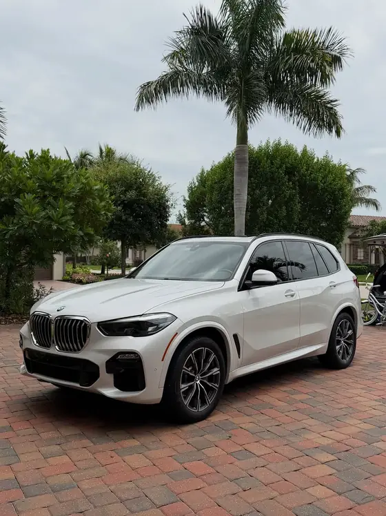 White BMW X5 shining on brick pavers under a royal palm