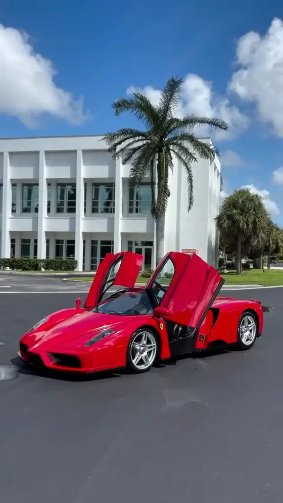 Red Ferrari Enzo with doors up in a parking lot with palm trees