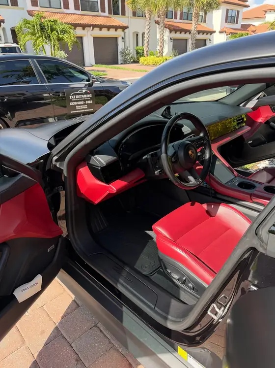 Porsche Taycan red leather interior, freshly cleaned and conditioned